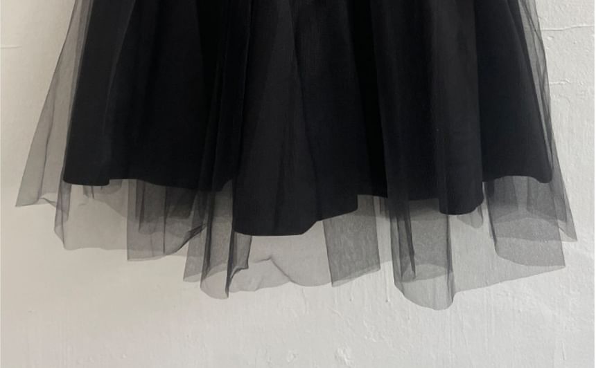 Elastic Waist Mesh A-Line Skirt - Plain Style