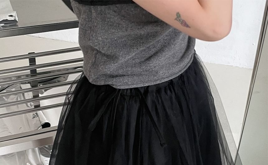 Elastic Waist Mesh A-Line Skirt - Plain Style