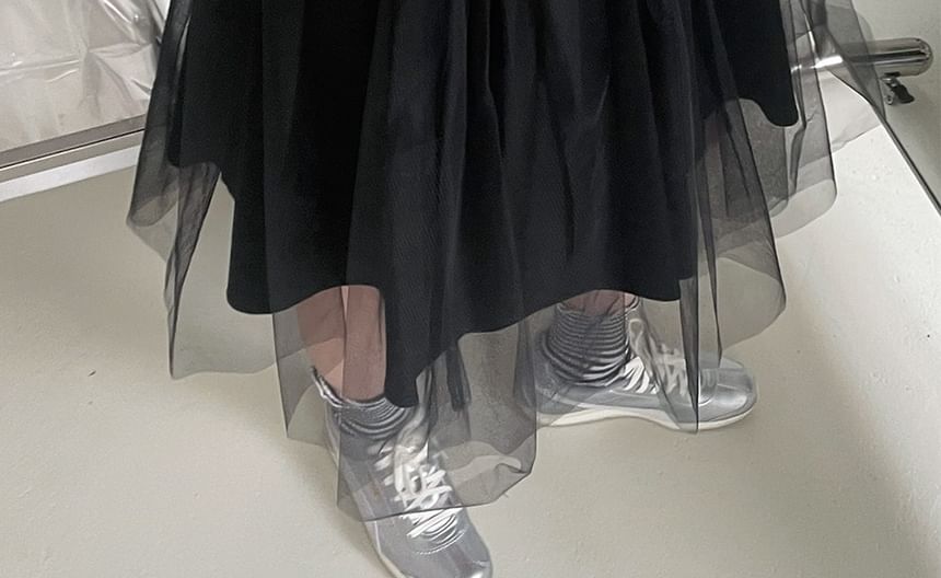 Elastic Waist Mesh A-Line Skirt - Plain Style