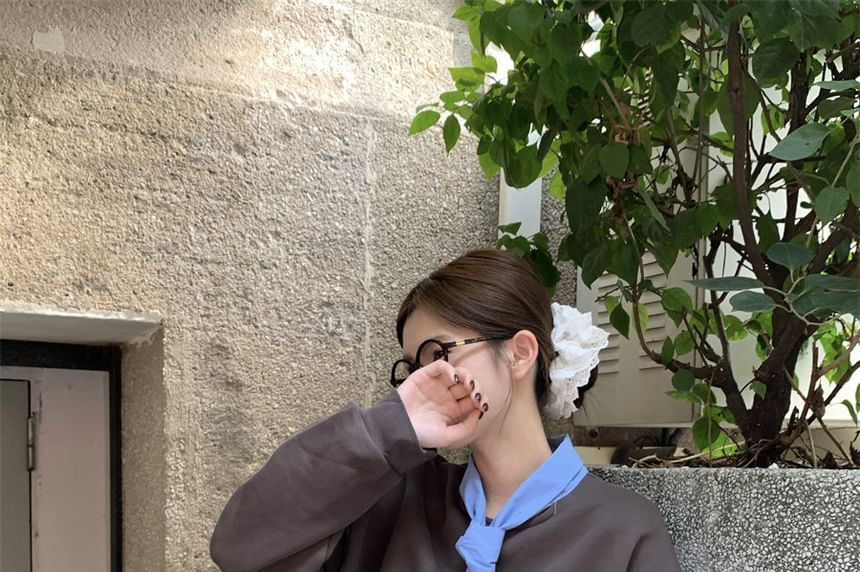 Two-Tone Tie-Neck Sweatshirt Set with Mid Rise Mini A-Line Skirt