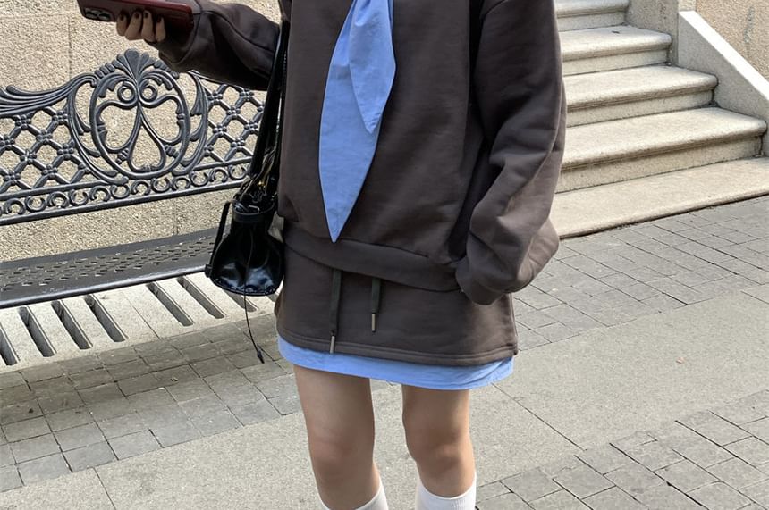 Two-Tone Tie-Neck Sweatshirt Set with Mid Rise Mini A-Line Skirt