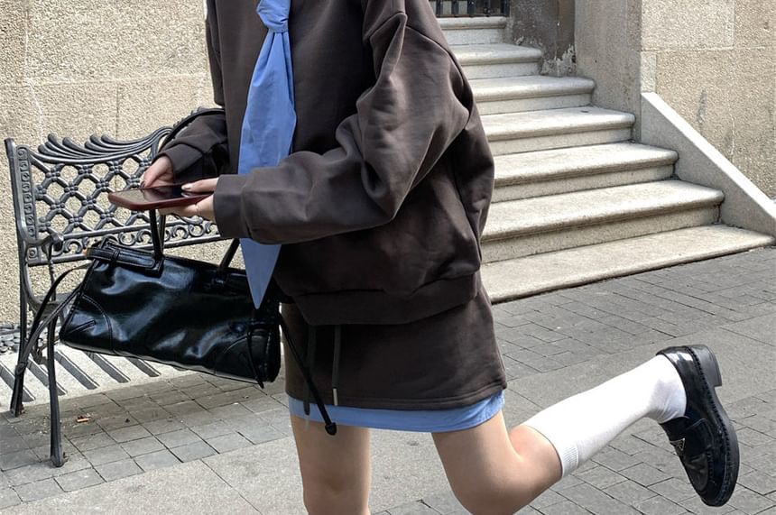 Two-Tone Tie-Neck Sweatshirt Set with Mid Rise Mini A-Line Skirt