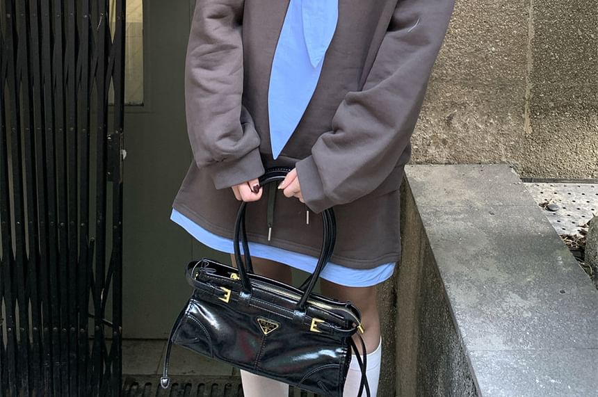 Two-Tone Tie-Neck Sweatshirt Set with Mid Rise Mini A-Line Skirt