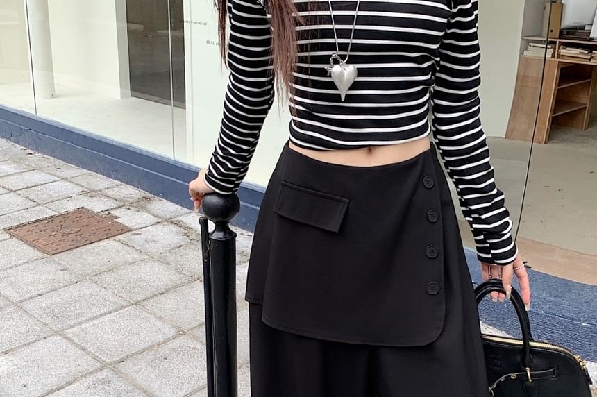 Button Detail Inset Skirt Wide Leg Pants - Mid Rise