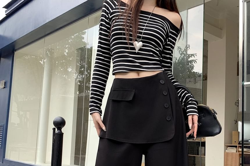 Button Detail Inset Skirt Wide Leg Pants - Mid Rise