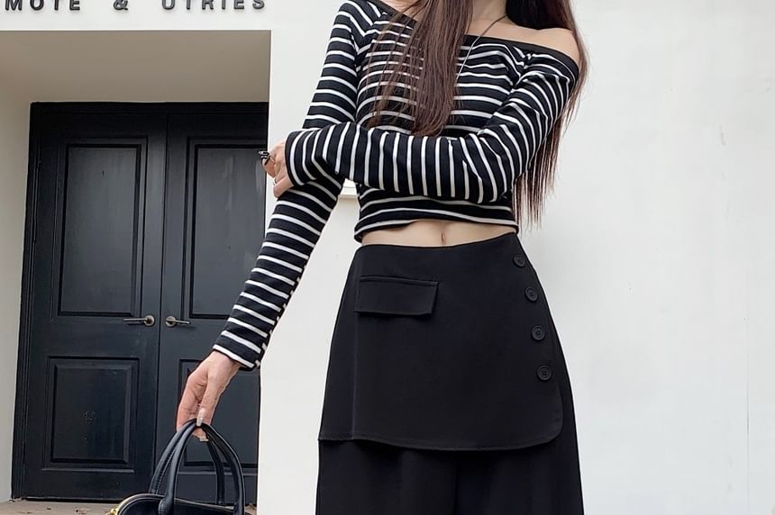Button Detail Inset Skirt Wide Leg Pants - Mid Rise