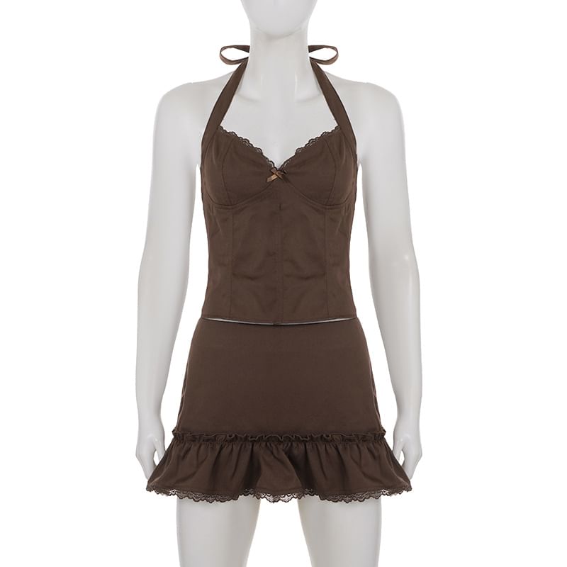 V-Neck Crop Top and Mini Skirt Set - Sleeveless