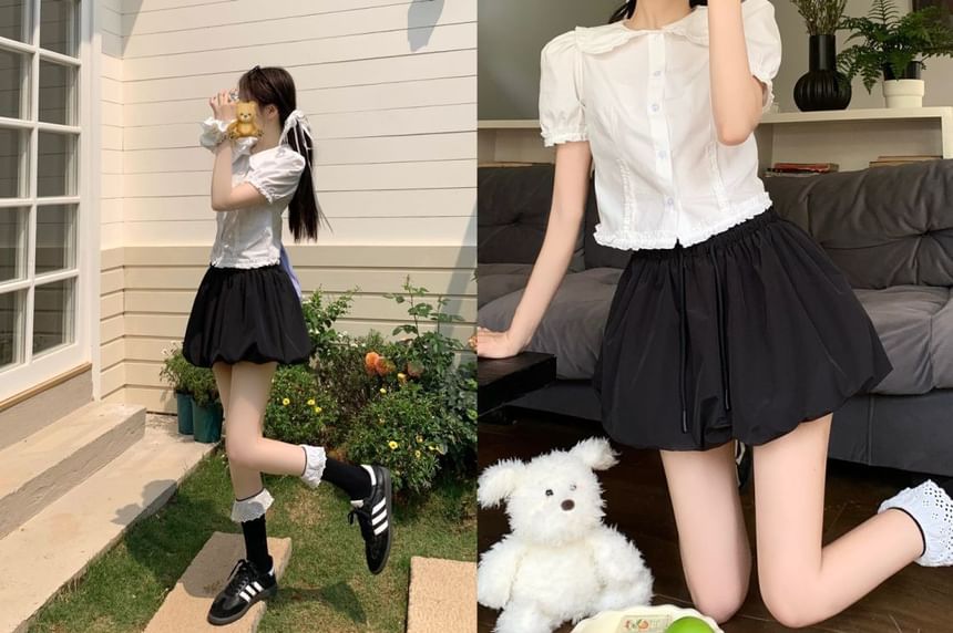 Drawstring Waist Plain Mini A-Line Skirt