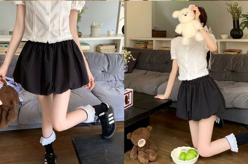 Drawstring Waist Plain Mini A-Line Skirt