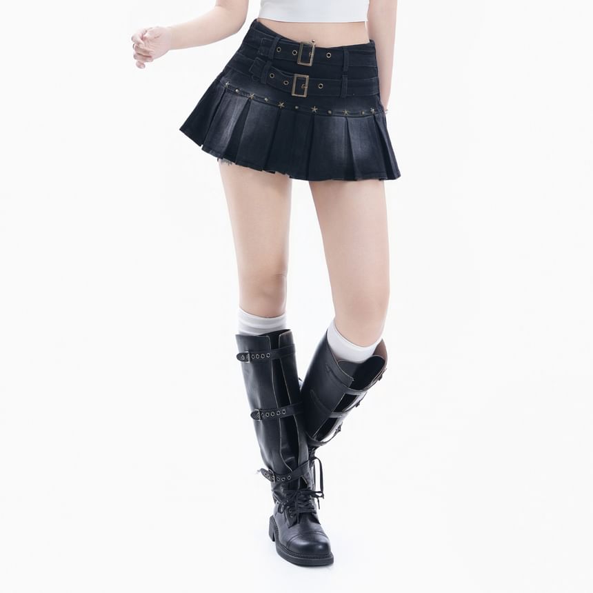 Denim Mini A-Line Skirt with Belted Pleats