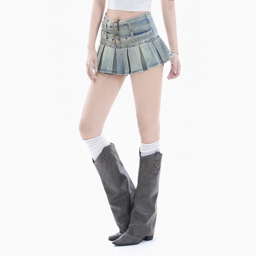 Denim Mini A-Line Skirt with Belted Pleats