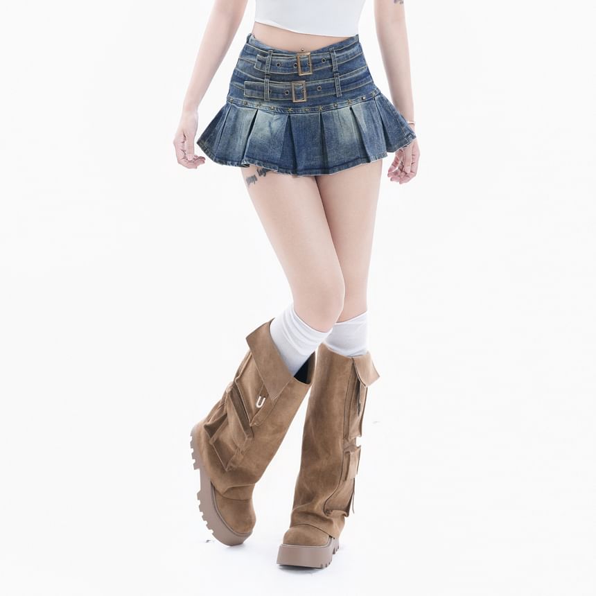 Denim Mini A-Line Skirt with Belted Pleats