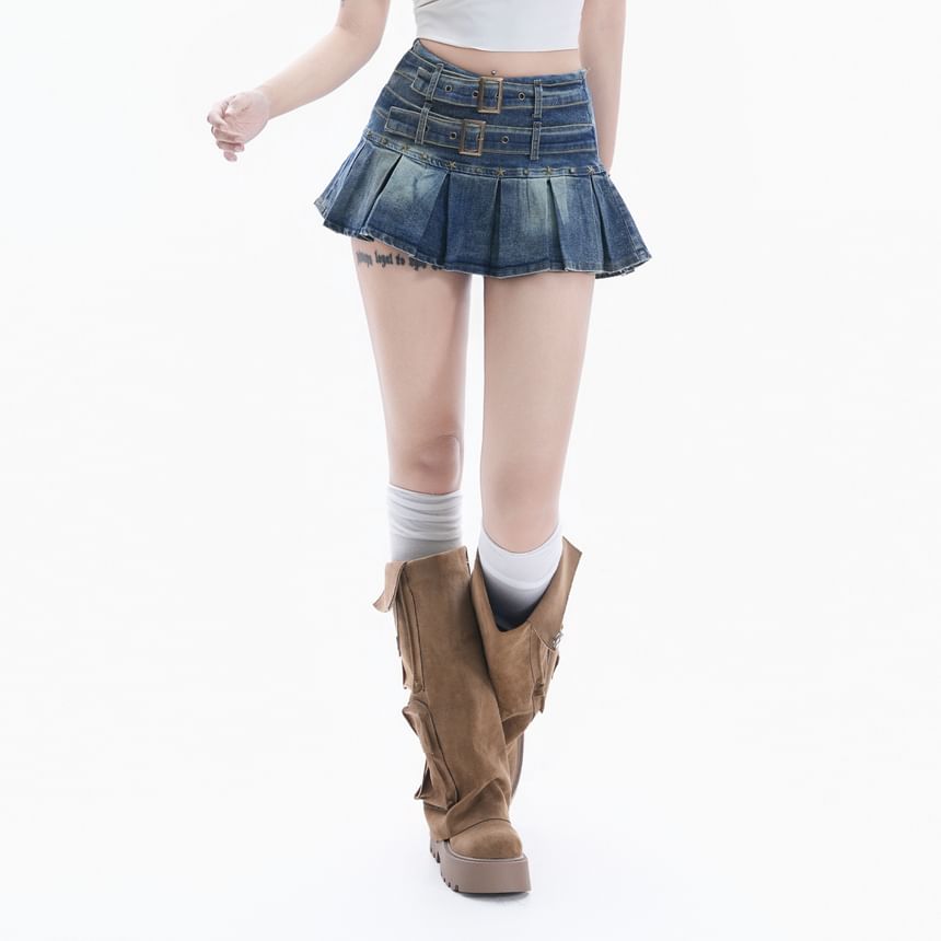 Denim Mini A-Line Skirt with Belted Pleats