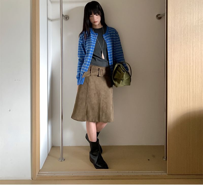 Faux Suede Midi A-Line Skirt with Belted Low Waist