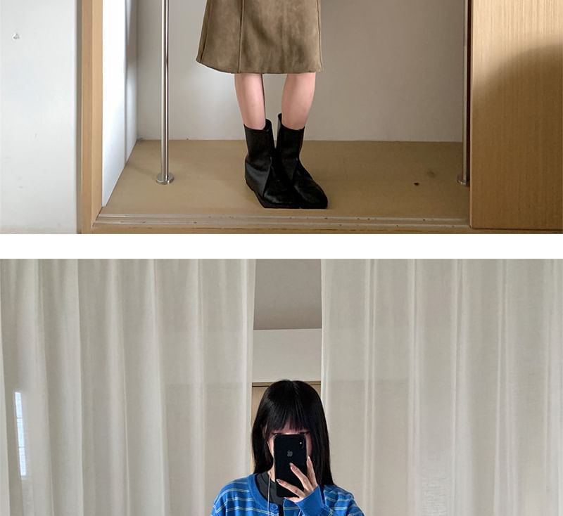 Faux Suede Midi A-Line Skirt with Belted Low Waist