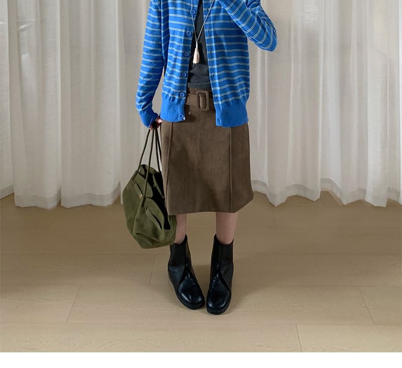 Faux Suede Midi A-Line Skirt with Belted Low Waist