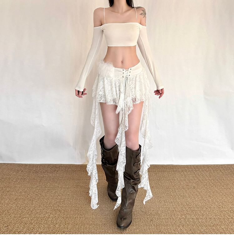 Asymmetrical Lace Mini A-Line Skirt with Fluffy Panel