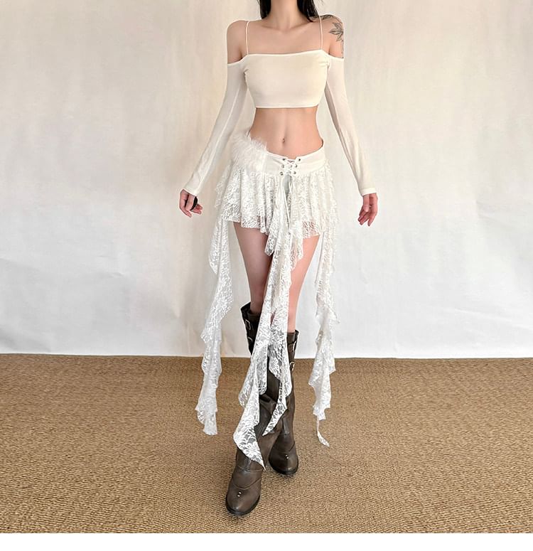 Asymmetrical Lace Mini A-Line Skirt with Fluffy Panel