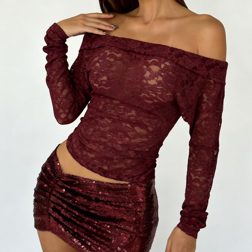 Off-Shoulder Lace Slim Fit Crop Top & Low Rise Sequin Ruched Mini Pencil Skirt