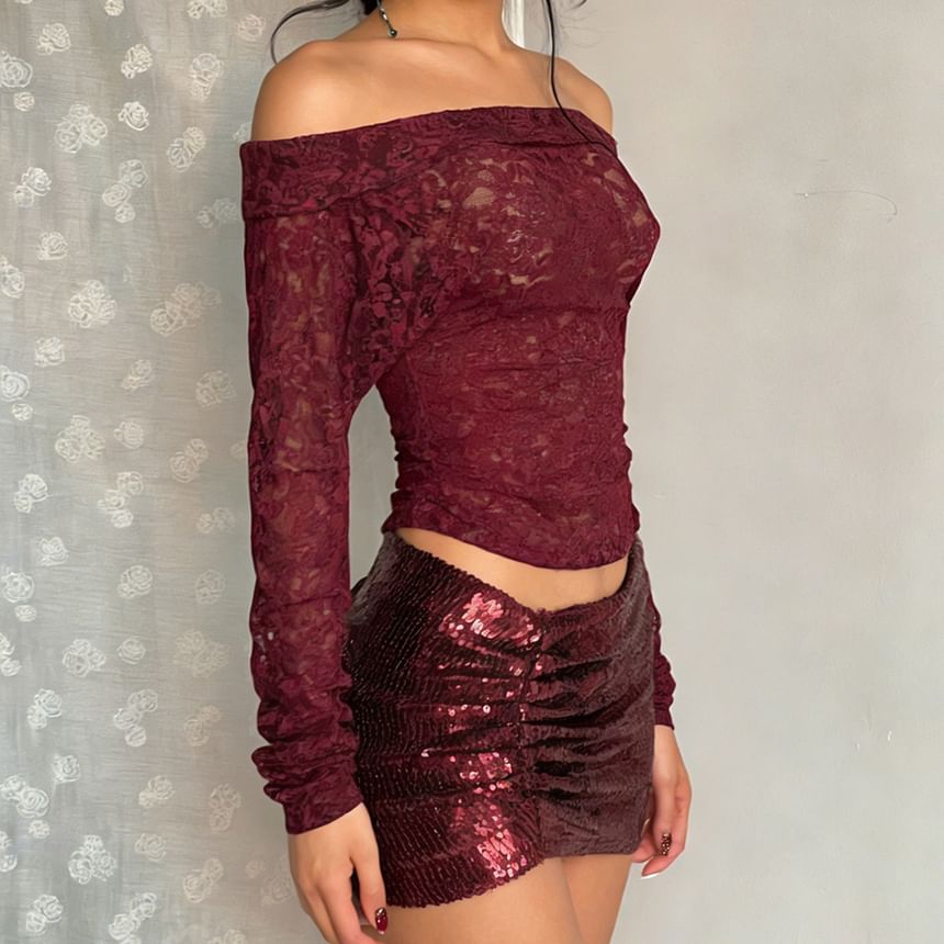 Off-Shoulder Lace Slim Fit Crop Top & Low Rise Sequin Ruched Mini Pencil Skirt