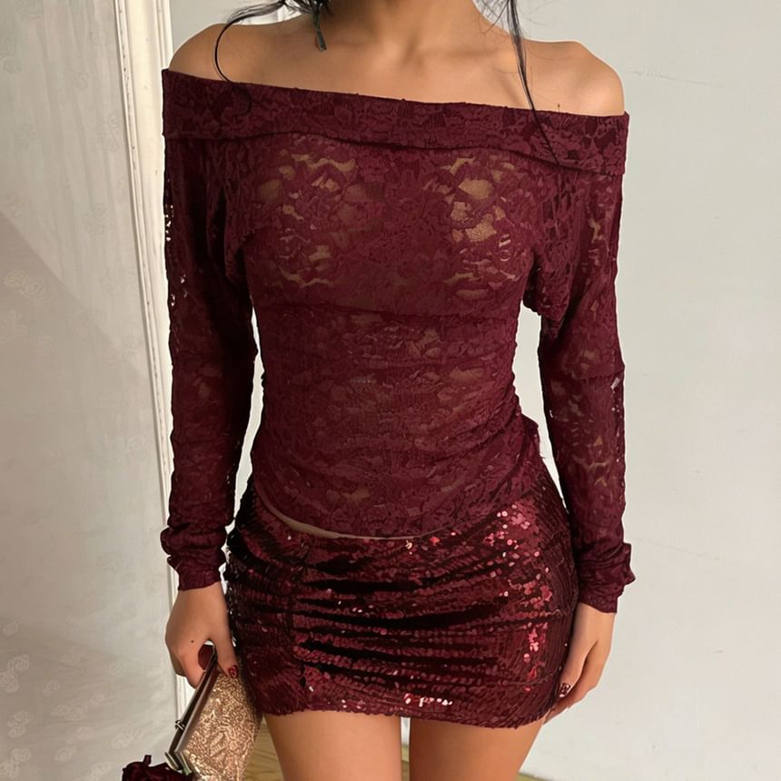 Off-Shoulder Lace Slim Fit Crop Top & Low Rise Sequin Ruched Mini Pencil Skirt
