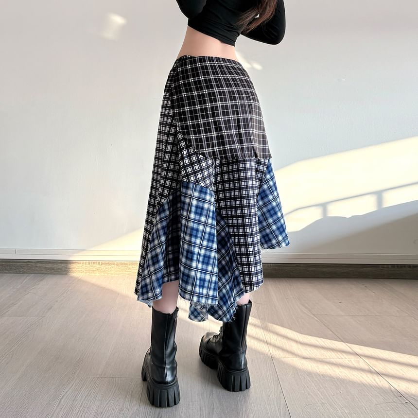 Low Rise Plaid Patchwork Asymmetrical Midi Skirt