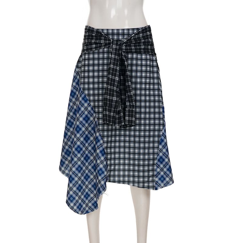 Low Rise Plaid Patchwork Asymmetrical Midi Skirt
