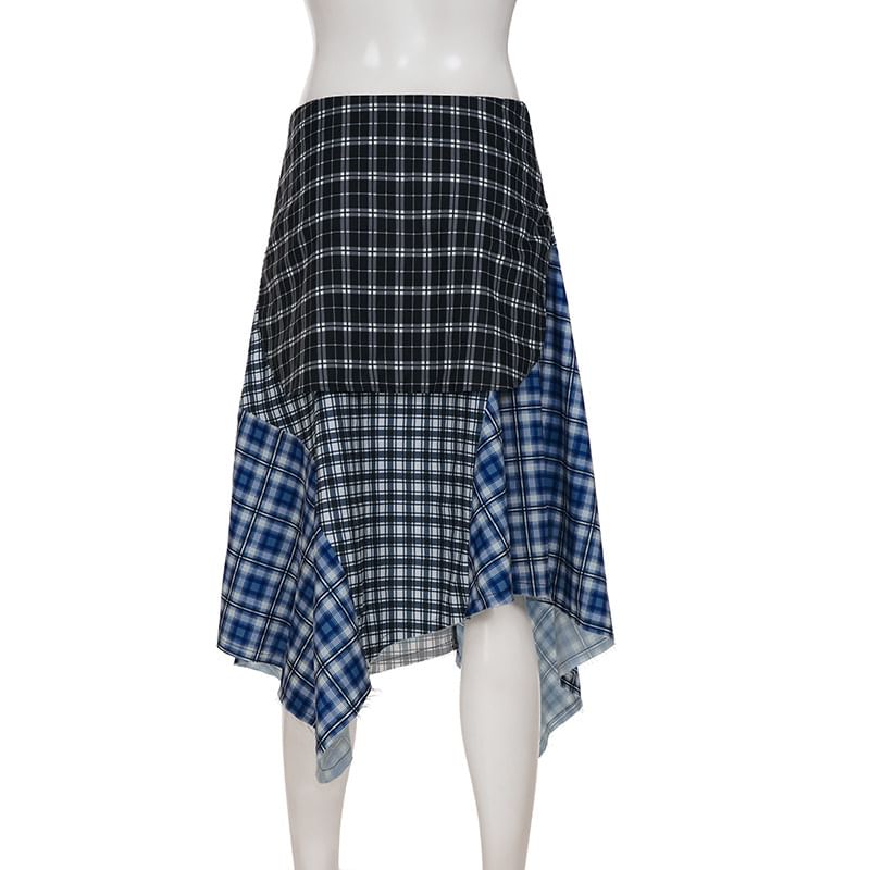 Low Rise Plaid Patchwork Asymmetrical Midi Skirt
