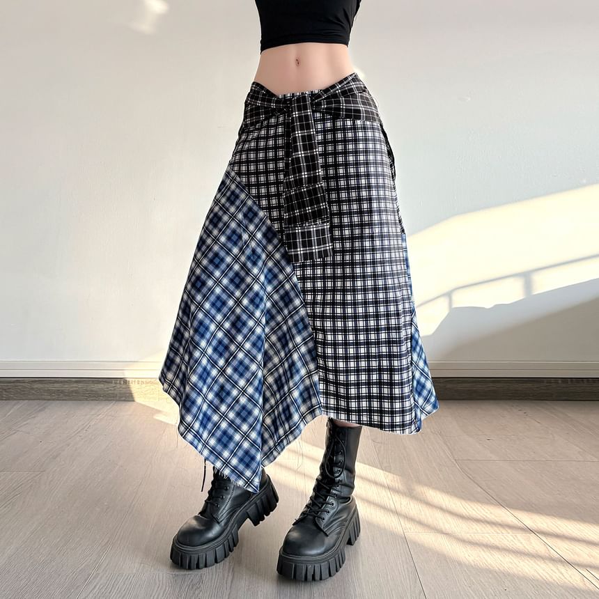 Low Rise Plaid Patchwork Asymmetrical Midi Skirt