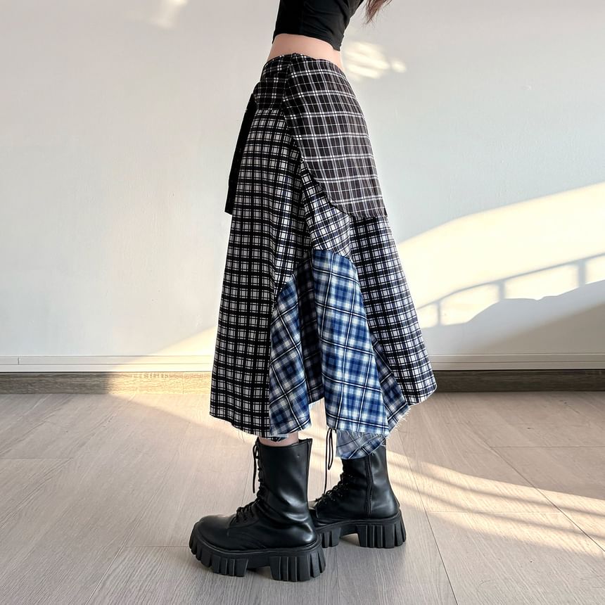 Low Rise Plaid Patchwork Asymmetrical Midi Skirt