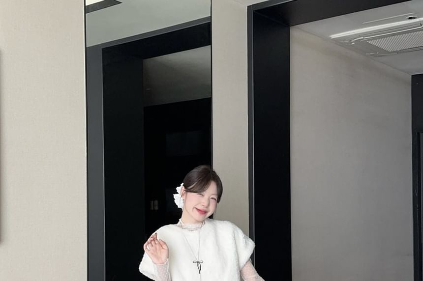 Mock Neck Polka Dot Sheer Top, Crew Neck Fleece Top & High Waist Suede A-Line Skirt