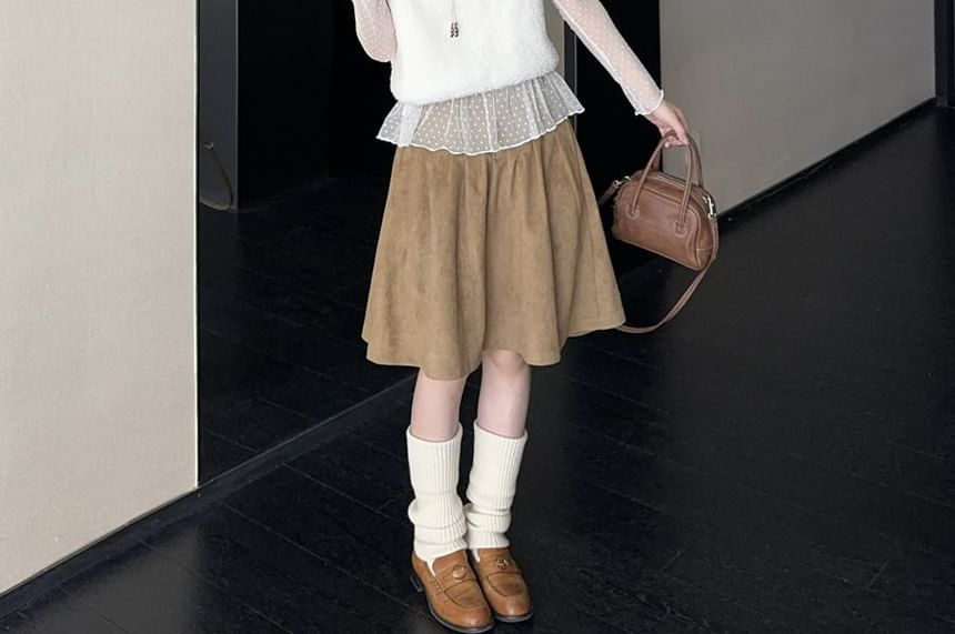 Mock Neck Polka Dot Sheer Top, Crew Neck Fleece Top & High Waist Suede A-Line Skirt