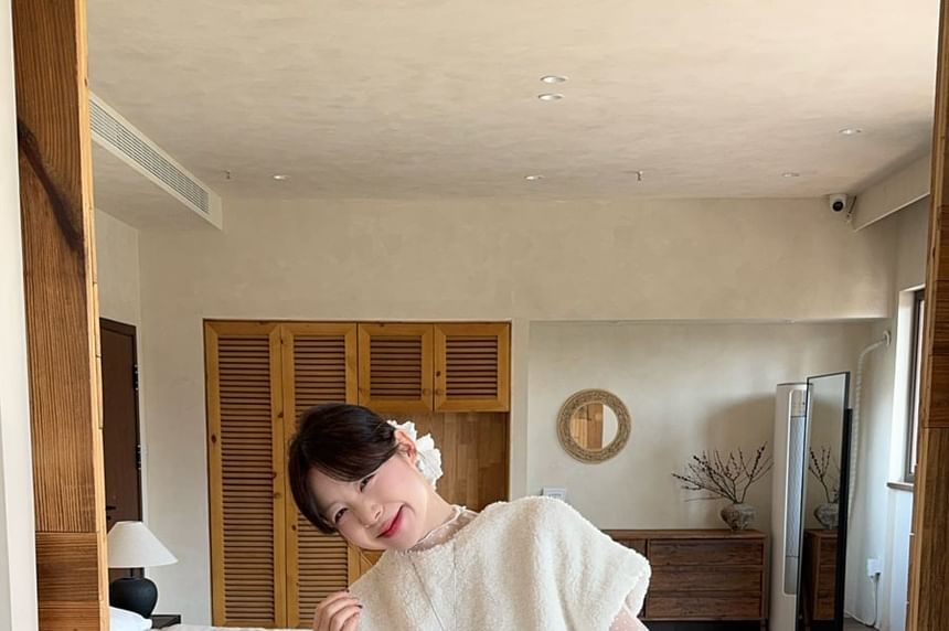 Mock Neck Polka Dot Sheer Top, Crew Neck Fleece Top & High Waist Suede A-Line Skirt