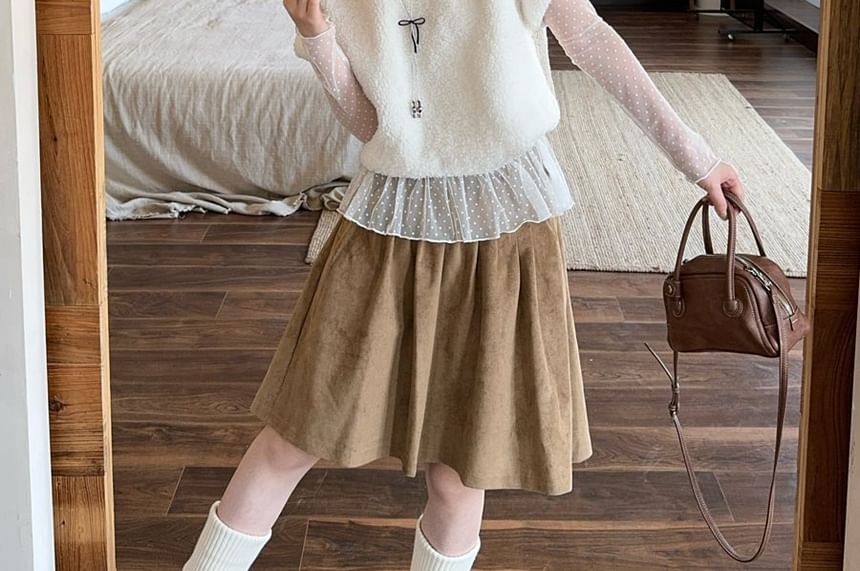 Mock Neck Polka Dot Sheer Top, Crew Neck Fleece Top & High Waist Suede A-Line Skirt