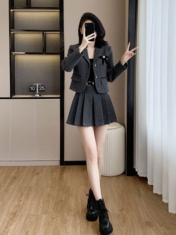 Lapel Collar Single Breasted Blazer & High Waist Mini Pleated Skirt Set
