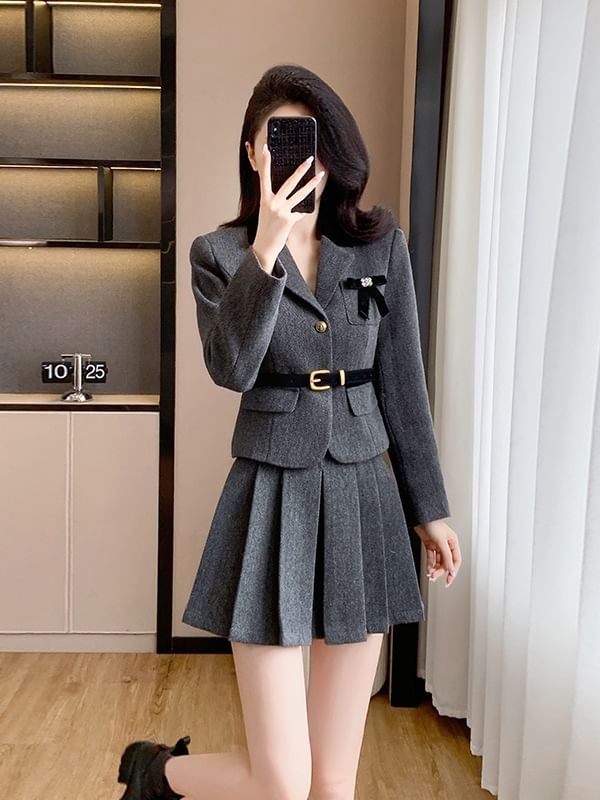 Lapel Collar Single Breasted Blazer & High Waist Mini Pleated Skirt Set