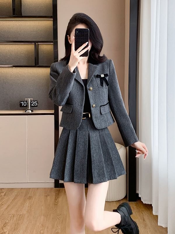 Lapel Collar Single Breasted Blazer & High Waist Mini Pleated Skirt Set