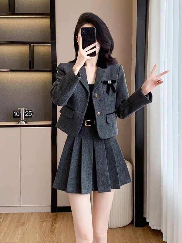Lapel Collar Single Breasted Blazer & High Waist Mini Pleated Skirt Set