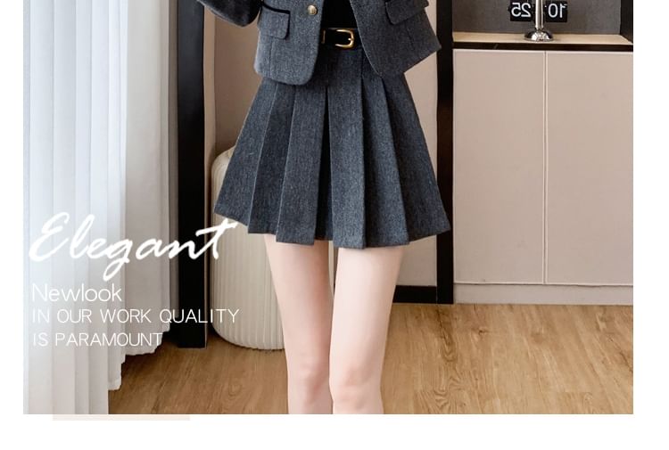 Lapel Collar Single Breasted Blazer & High Waist Mini Pleated Skirt Set