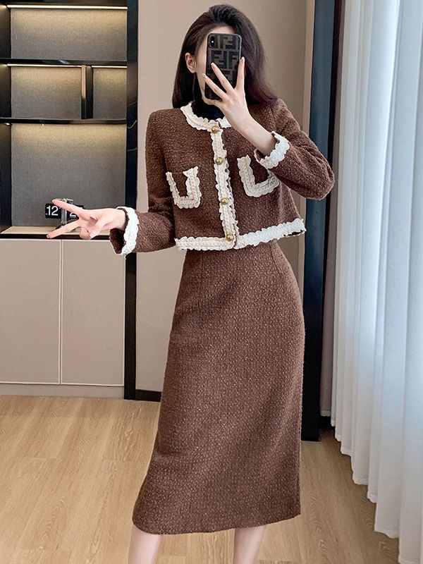 Round Neck Lace Trim Button-Up Jacket & High Waist Midi A-Line Skirt Set