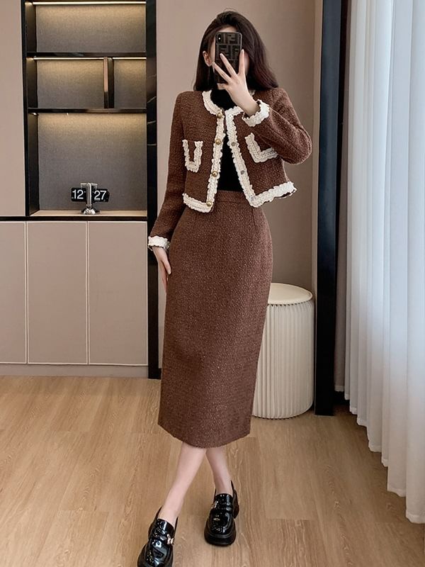 Round Neck Lace Trim Button-Up Jacket & High Waist Midi A-Line Skirt Set