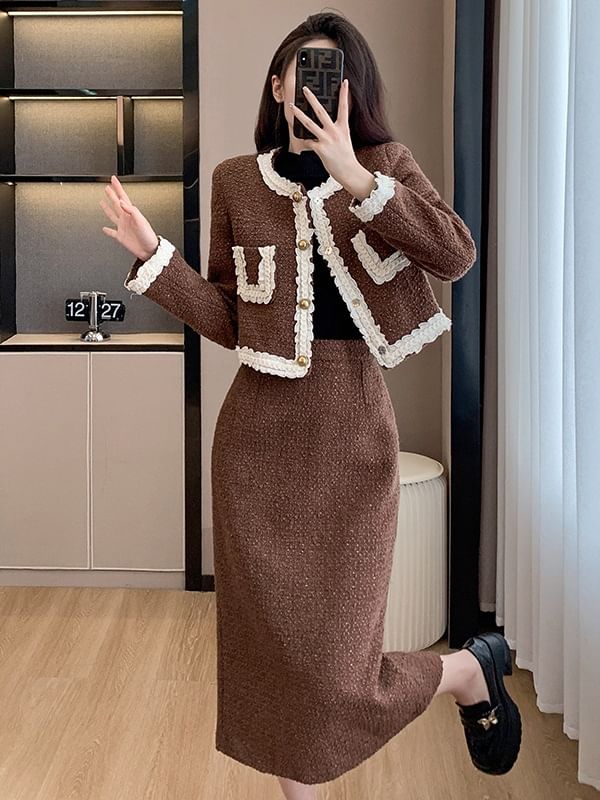 Round Neck Lace Trim Button-Up Jacket & High Waist Midi A-Line Skirt Set
