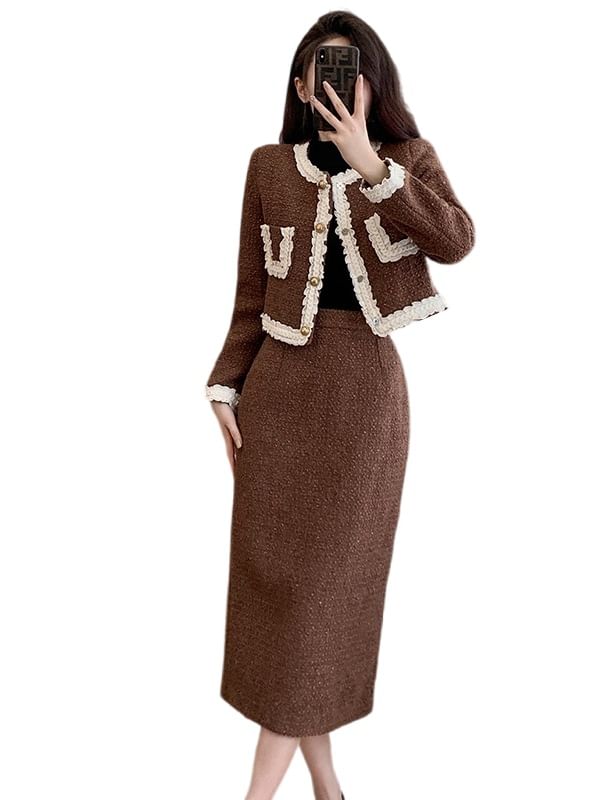Round Neck Lace Trim Button-Up Jacket & High Waist Midi A-Line Skirt Set