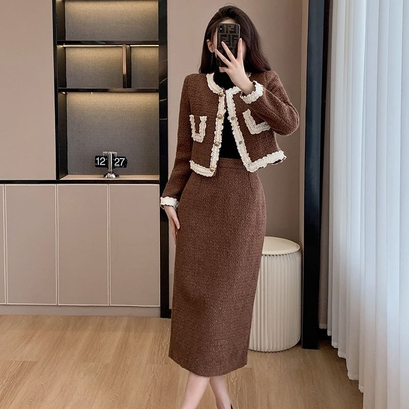 Round Neck Lace Trim Button-Up Jacket & High Waist Midi A-Line Skirt Set
