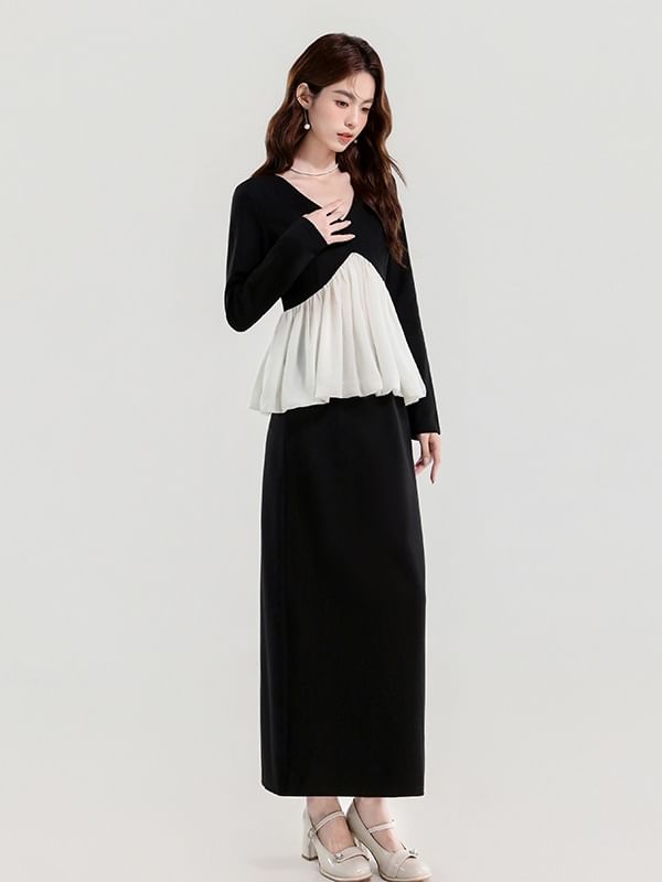 V-Neck Blouse and Maxi Pencil Skirt Set - Two Tone