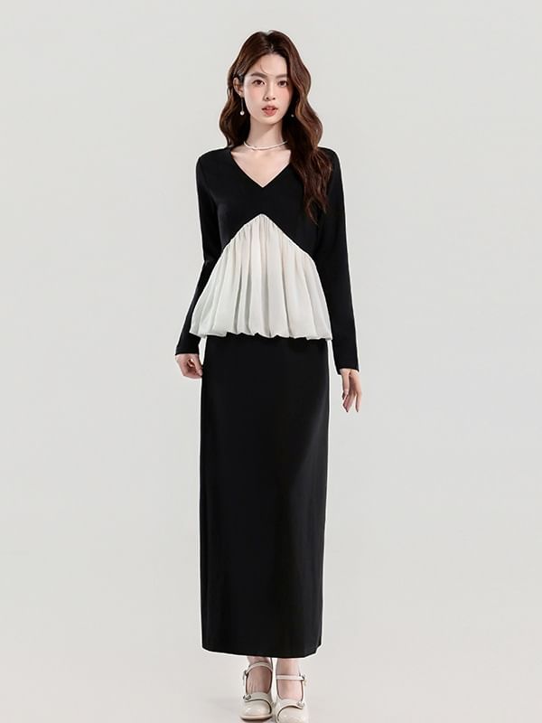 V-Neck Blouse and Maxi Pencil Skirt Set - Two Tone
