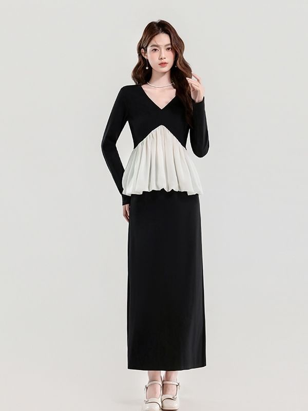 V-Neck Blouse and Maxi Pencil Skirt Set - Two Tone