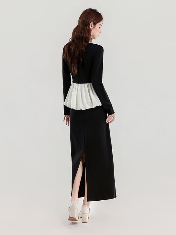 V-Neck Blouse and Maxi Pencil Skirt Set - Two Tone