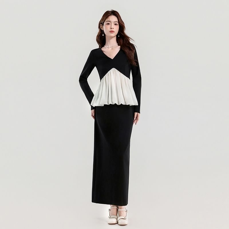 V-Neck Blouse and Maxi Pencil Skirt Set - Two Tone