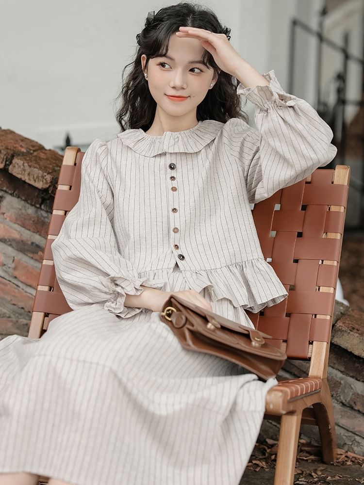 Pinstriped Blouse and Midi A-Line Skirt Set - Collared